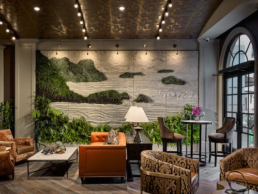 Interior lounge area with modern furniture and decorative art