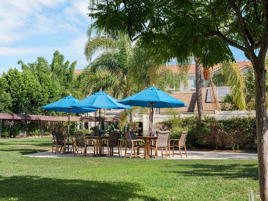 Outdoor seating area with umbrellas and chairs