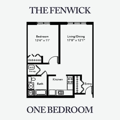 Architectural floor plan of a one-bedroom unit