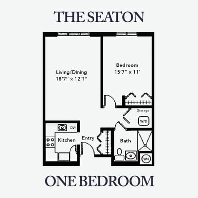 Architectural floor plan of a one-bedroom unit