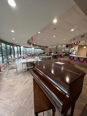 Interior view of a dining room decorated for an event