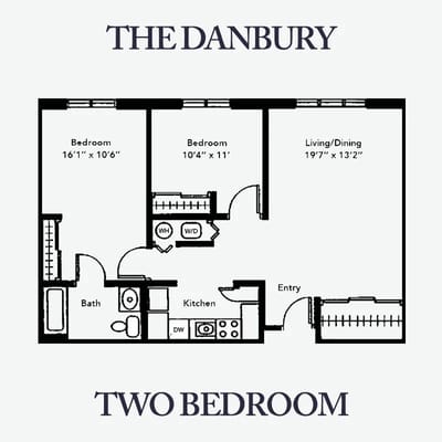Two-bedroom floor plan with labeled rooms and dimensions