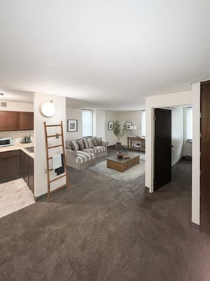 Bright interior view of a senior living unit's living area