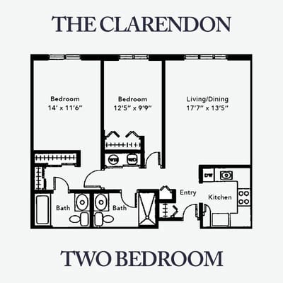 Architectural floor plan of a two-bedroom unit