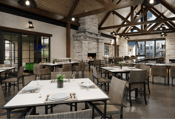 Bright dining room with tables set for meals