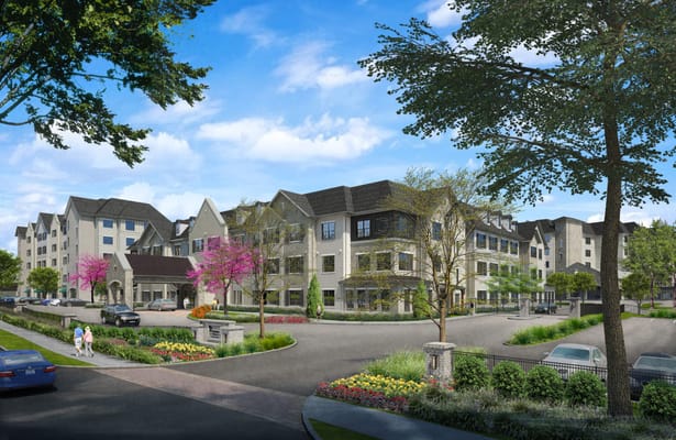 Exterior view of The Oaks at Whitaker Glen with landscaped gardens