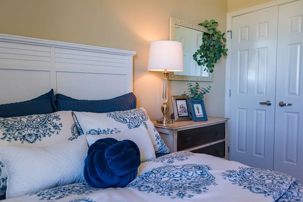 Cozy bedroom with decorated bed and lamp