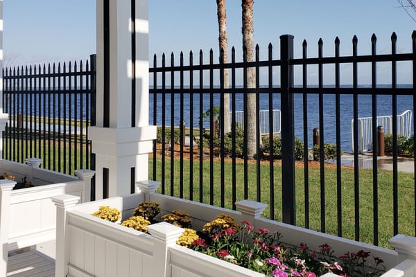 Outdoor seating area overlooking the water
