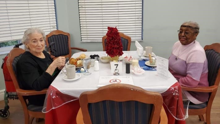 Two residents enjoying tea in a dining area