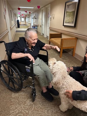 Resident interacting with a therapy dog in a hallway
