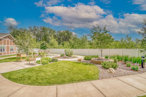 Beautiful landscaped garden area with seating