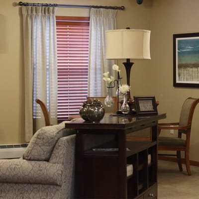Interior view of a common area with seating and decor
