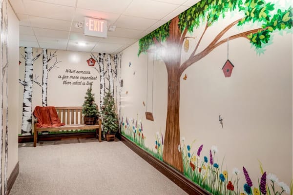 A brightly painted hallway with nature-themed murals