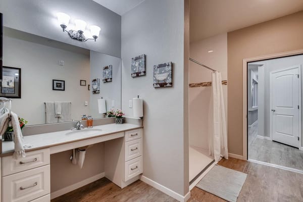 Modern bathroom in a senior living facility apartment