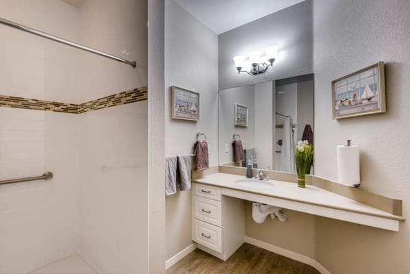 Bright bathroom interior with shower and vanity