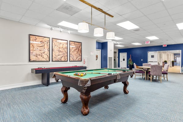 Interior view of a recreational room with a pool table