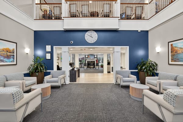 Bright common area with seating and decor