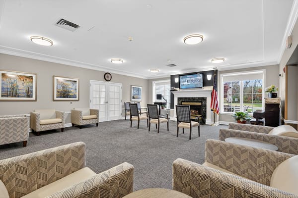 Interior of a cozy common area with seating and decor