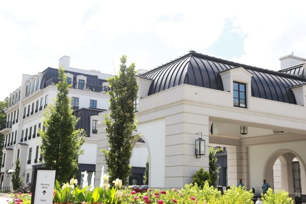 Exterior view of an upscale assisted living facility entrance