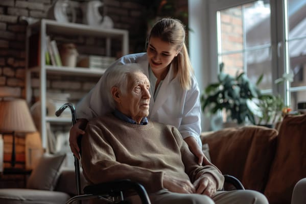Caregiver assisting an elderly resident in a cozy living room