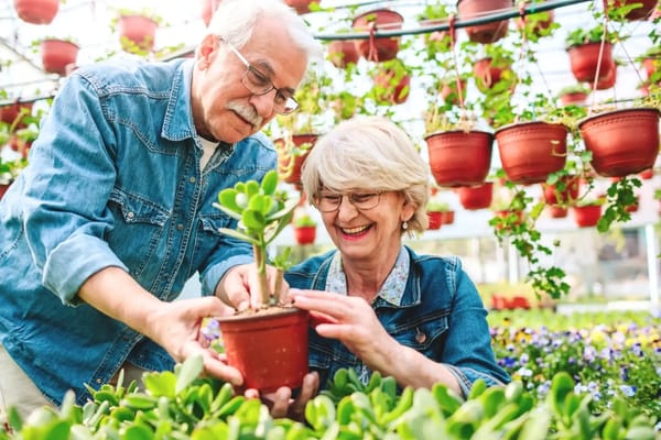 Two residents gardening in a sunny greenhouse