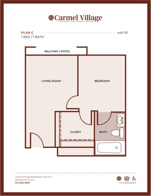 Detailed floor plan of a one-bedroom apartment