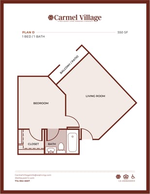 Architectural floor plan of a one-bedroom unit