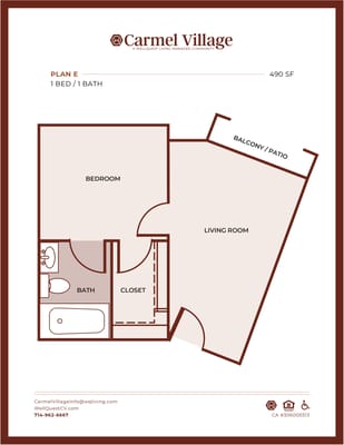 Architectural floor plan of a one-bedroom unit