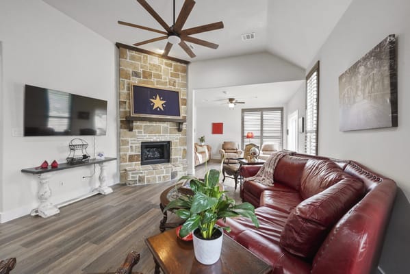 Cozy common area with seating and decorative elements