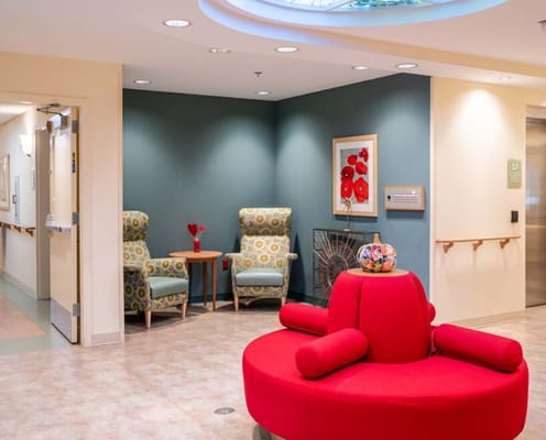 Common area seating with colorful furniture