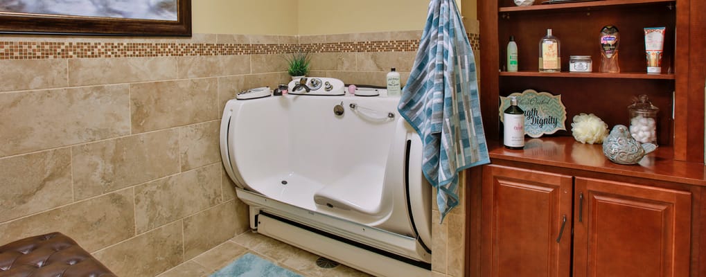 Accessible walk-in bathtub in a bathroom