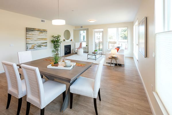 Bright communal living space with modern decor