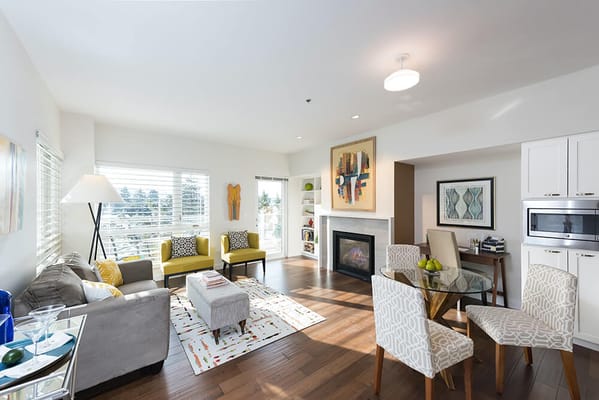 Bright, modern living room area in a senior facility