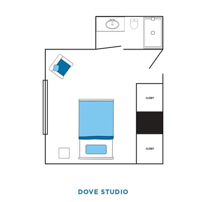 Floor plan of a studio room with bathroom