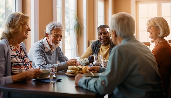 Seniors enjoying a meal and conversation at a dining table