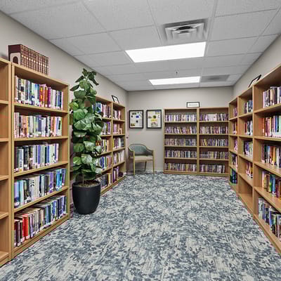 Bright library with bookshelves and a cozy reading chair