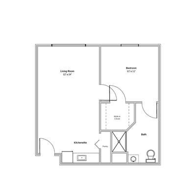 Architectural floor plan of a one-bedroom apartment