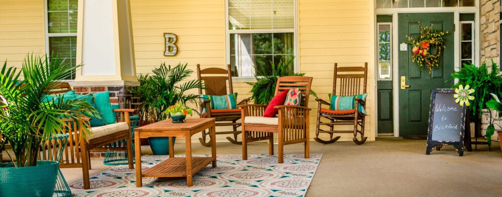 Welcoming outdoor seating area with rocking chairs