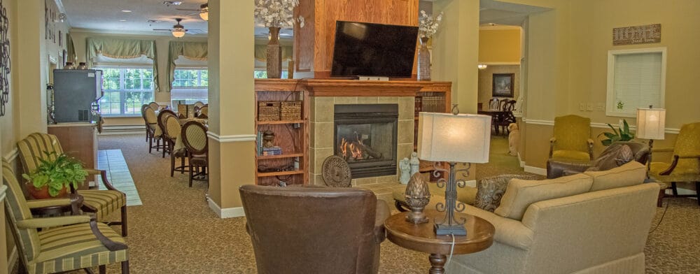 Interior view of a cozy common area with seating