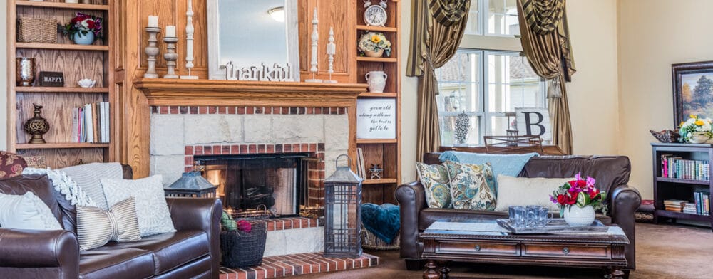 Cozy interior living area with a fireplace and comfortable seating