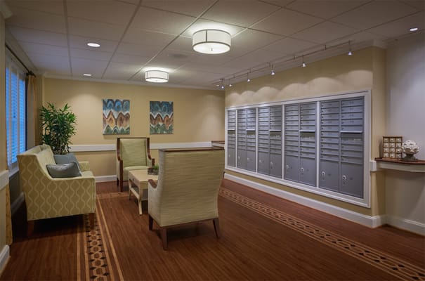 Common area with seating and mailboxes