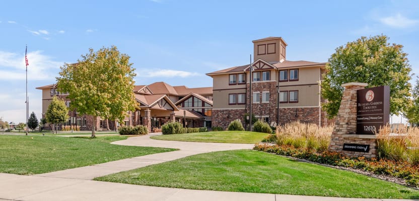 Exterior view of Bethesda Gardens Thornton with landscaping.