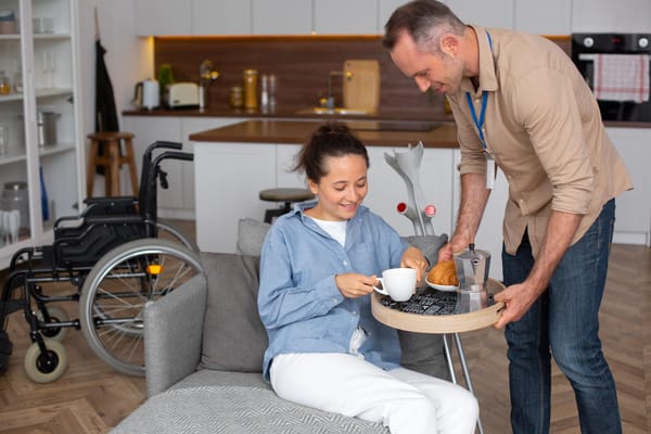 Staff serving coffee and croissant to a resident