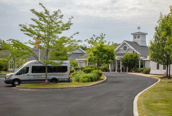 Exterior view of Bridges facility with shuttle van