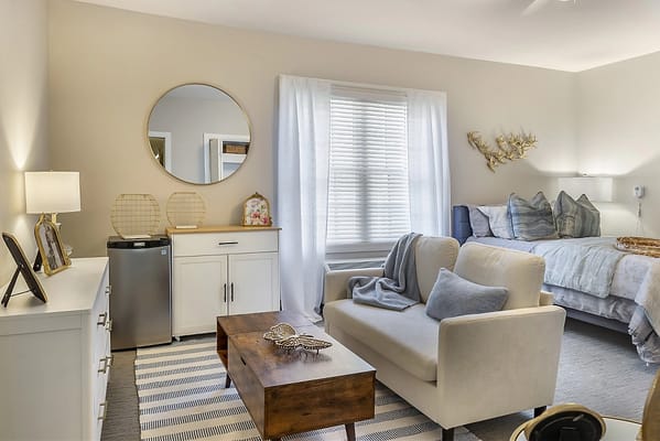 Bright interior of a private resident room with decor