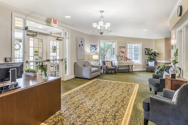 Bright and spacious lobby area with seating
