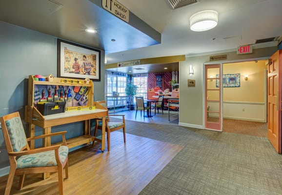 Interior view of a common area with seating and tables