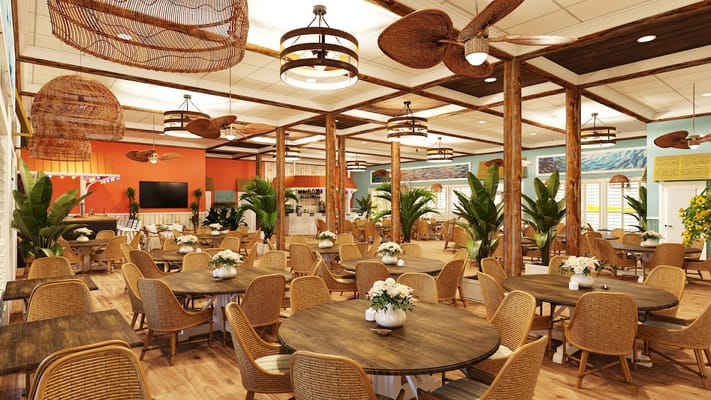 Bright dining room with wooden tables and tropical decor