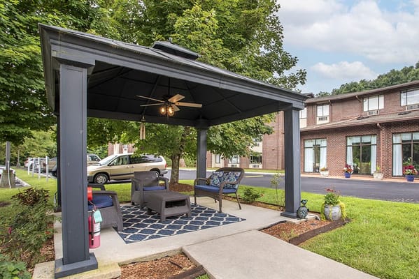 Outdoor seating area under a gazebo