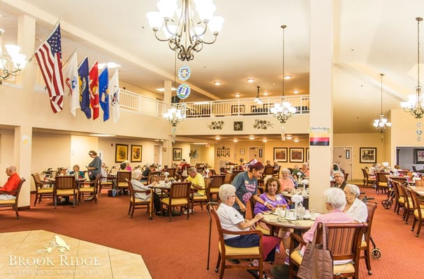 Residents enjoy meals in the dining area of Brook Ridge Retirement Community.